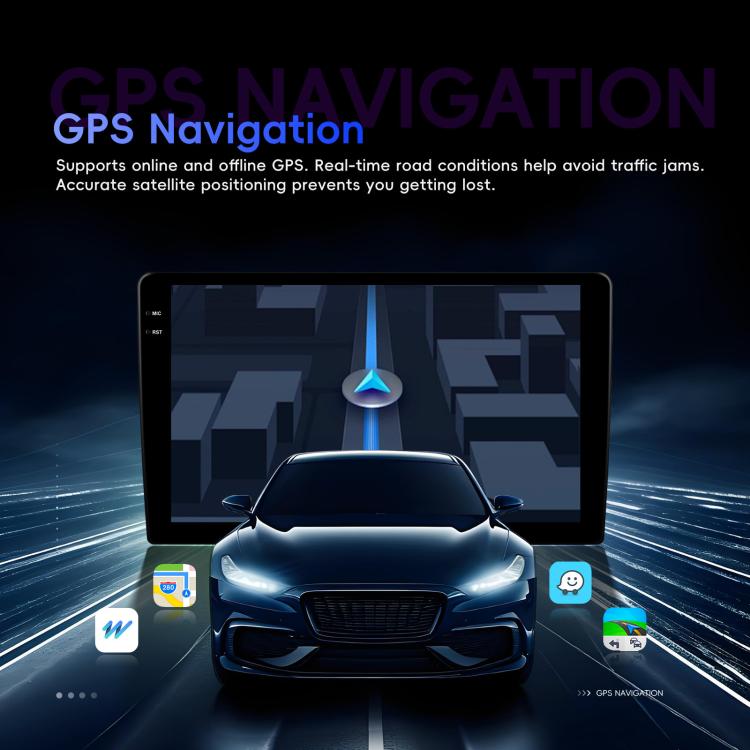 Car navigation touchscreen displaying GPS route and vehicle position