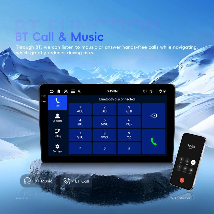Car stereo touchscreen showing Bluetooth call keypad and music with smartphone