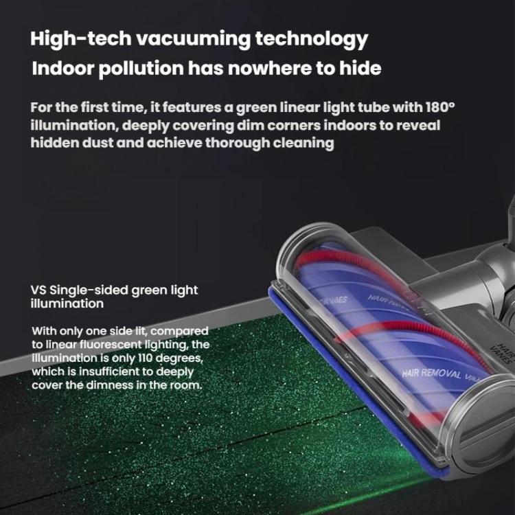 Anti-tangle roller brush head with blue roller and visible green light strip
