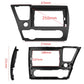 Car stereo dash mounting frame with touchscreen cutout and labeled size dimensions