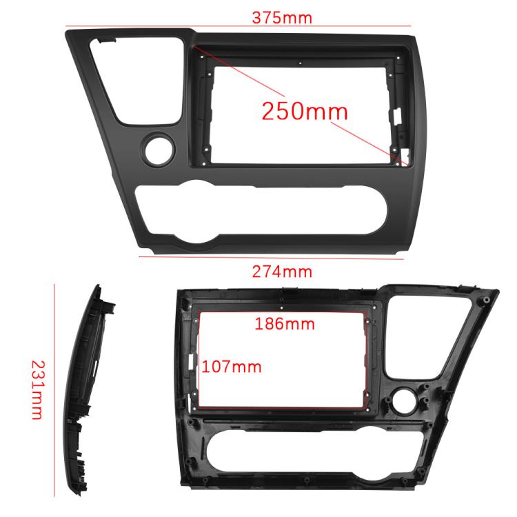 Car stereo dash mounting frame with touchscreen cutout and labeled size dimensions