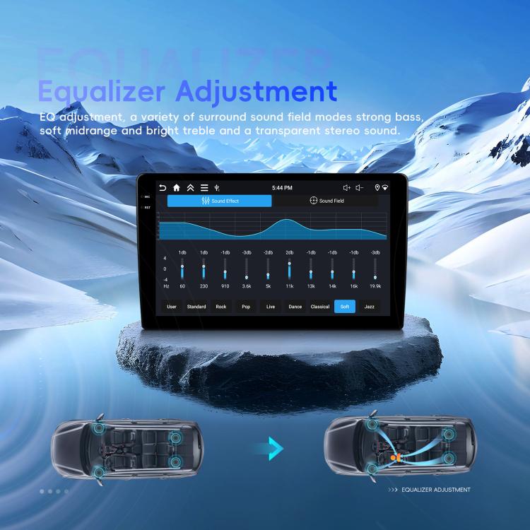 Car Android head unit showing audio equalizer controls on a tablet-style screen