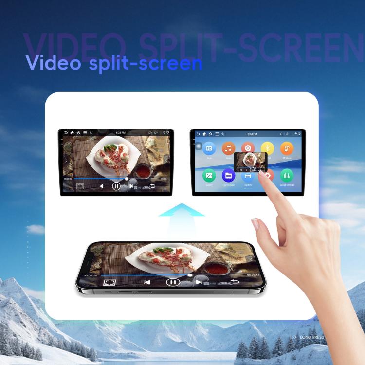 Car Android head unit showing video split-screen with media playback controls