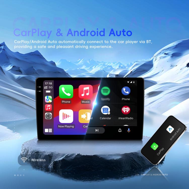 Android car stereo touchscreen showing app icons with wireless connectivity