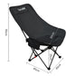 Black folding camping moon chair with padded seat and adjustable leg support