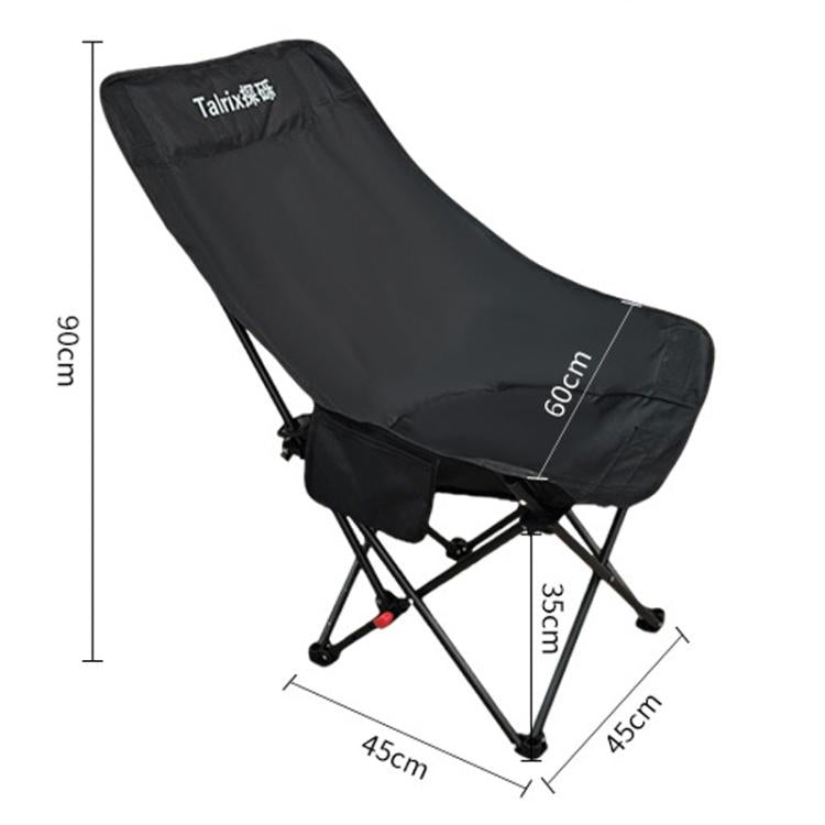 Black folding camping moon chair with padded seat and adjustable leg support