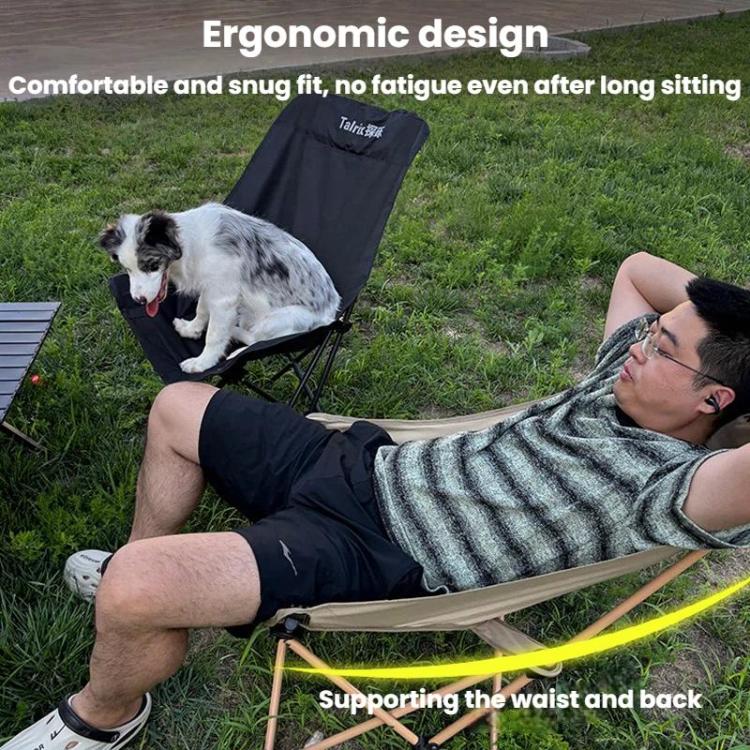 Black folding camping moon chair with padded seat and extended leg support