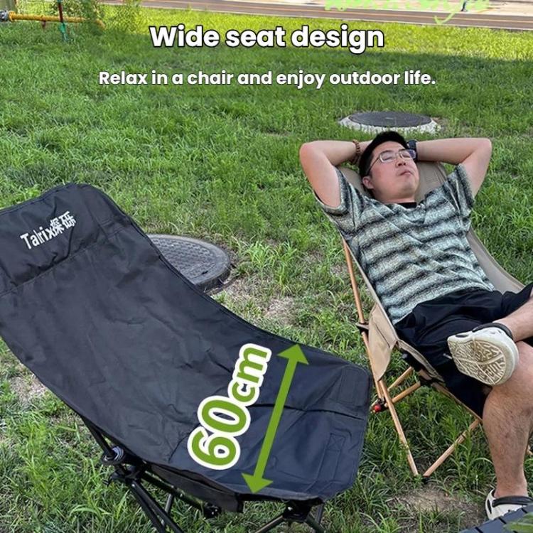 Black folding camping moon chair with padded seat and extended leg support