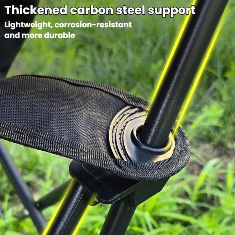Portable moon chair with black fabric seat and metal support pole, strap detail