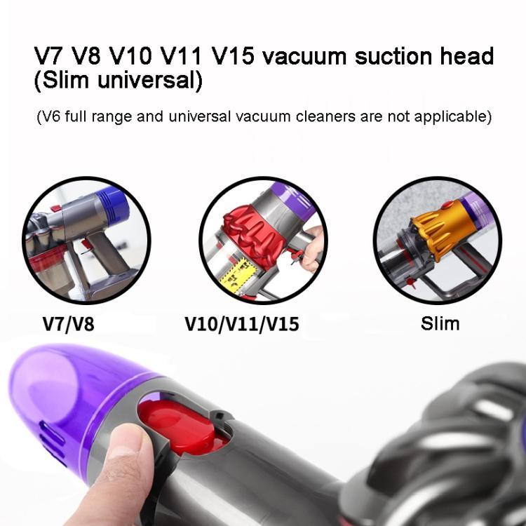 Purple vacuum suction nozzle brush head with red button and gray sleeve