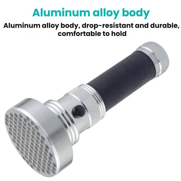 Aluminum UV flashlight with black textured handle and silver knurled grip rings