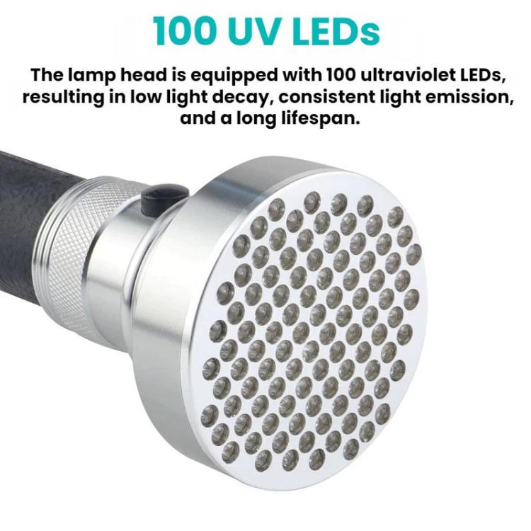 UV flashlight with round metal lamp head and 100 ultraviolet LED array grille