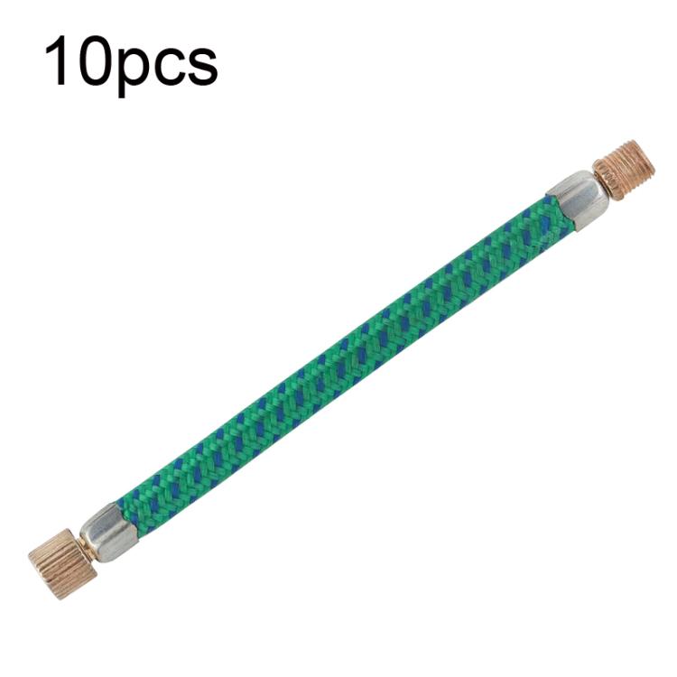 Green braided bicycle pump extension hose with copper connectors and valve cap