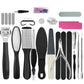 Foot care tools set with assorted scrapers, emery files, buffer pads, and cuticle tools