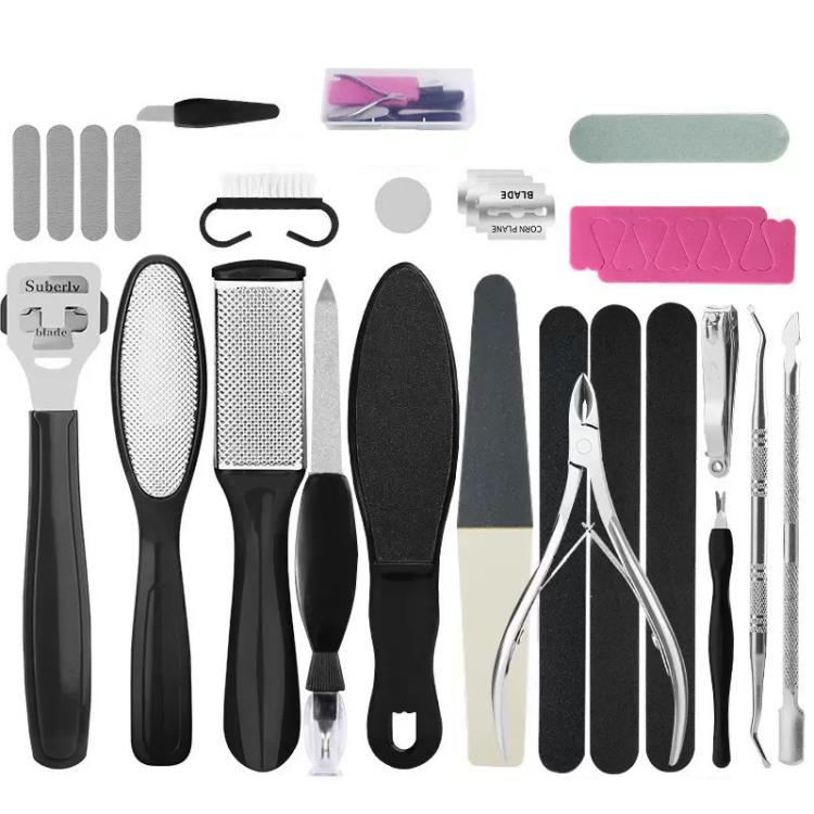 Foot care tools set with assorted scrapers, emery files, buffer pads, and cuticle tools