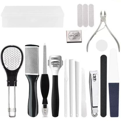 Foot care tools set: black-handled scrapers, metal foot files, buffers, and nail tools