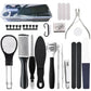 Complete foot care kit with black scrapers, metal files, toe separators, and nail tools