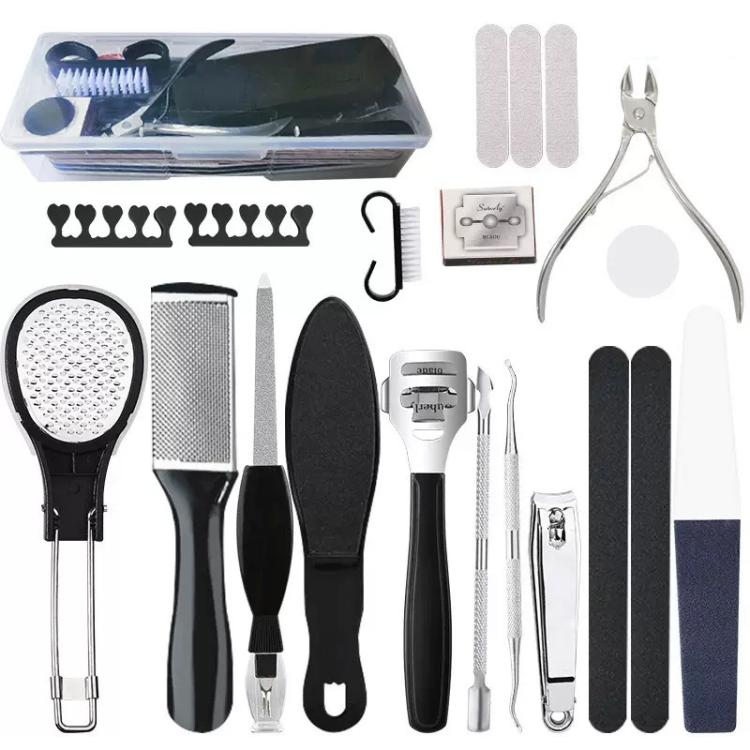Complete foot care kit with black scrapers, metal files, toe separators, and nail tools