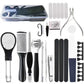 Foot care kit with black-handled blades, metal scrapers, callus files, and nail tools