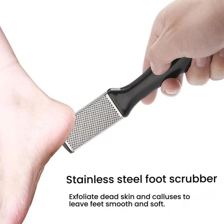 Handheld stainless steel foot scrubber with textured scraping surface