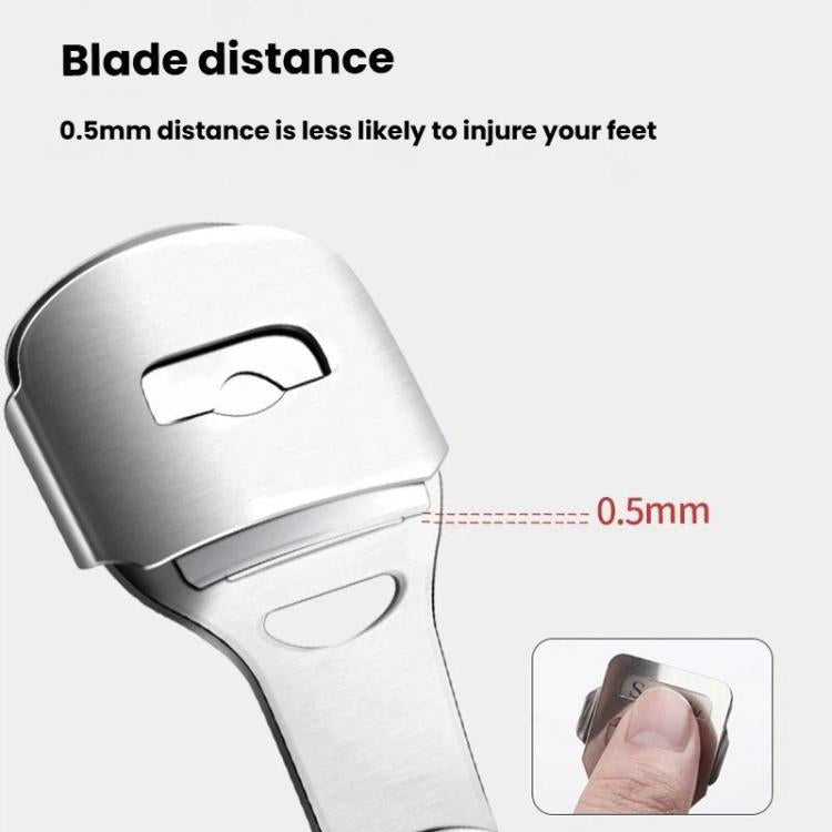 Stainless steel foot blade with safety guard and marked 0.5mm gap