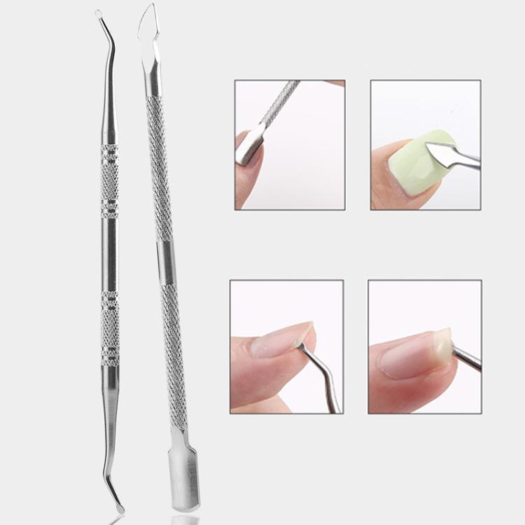 Metal nail and cuticle tools with dual-ended scraping and filing tips