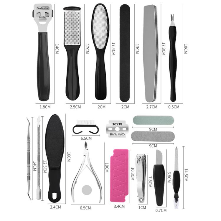 Multi-tool foot pedicure kit with callus files, blades, and nail tools