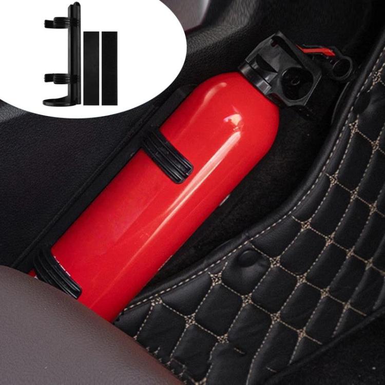 Red fire extinguisher held by a black plastic mounting bracket in car interior