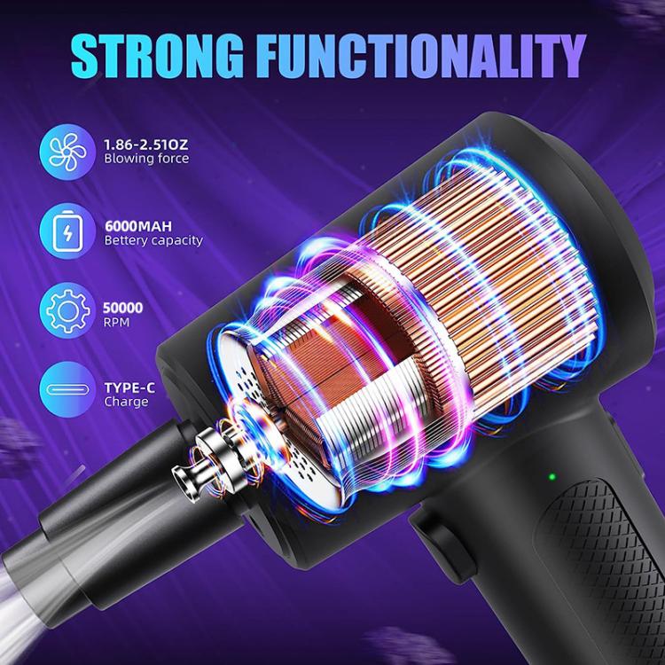 Cordless handheld blower vacuum in black with visible motor and glowing internal coils