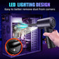 Cordless handheld blower vacuum in black with built-in LED light and front fan outlet