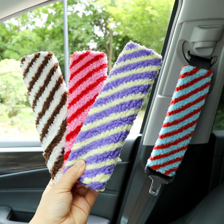 Assorted striped lamb wool car seatbelt shoulder pad decorations in multiple colors
