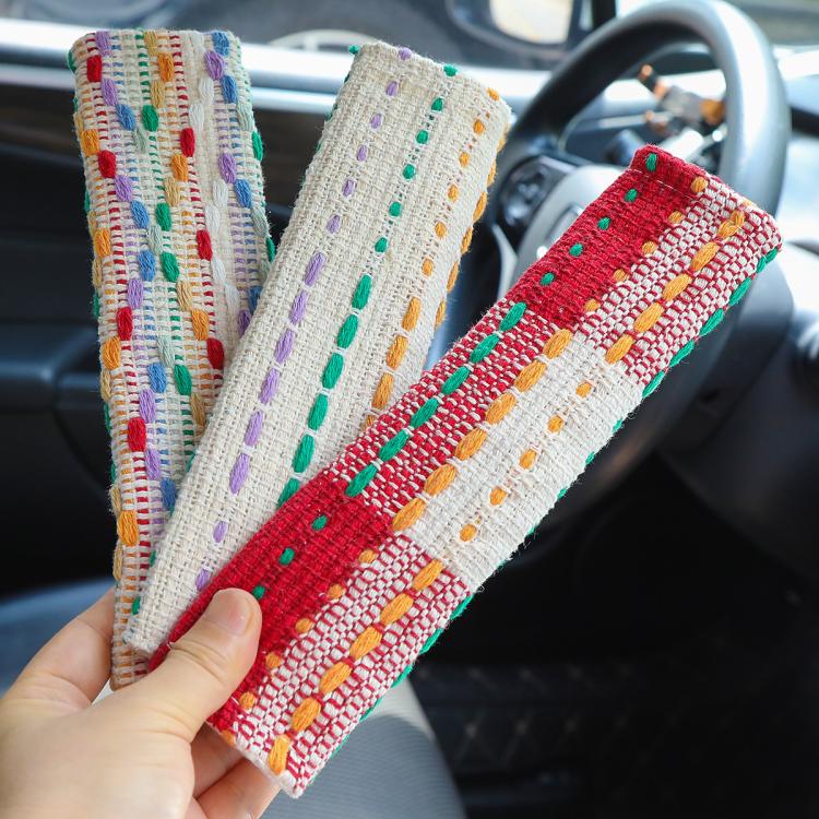 Car seat belt shoulder covers set: red and multicolor woven fabric with dotted stripes
