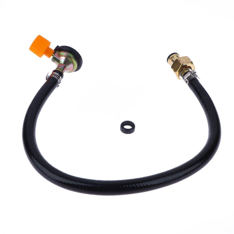 Outdoor gas canister direct-connect hose with orange valve cap and brass connector fittings