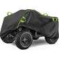 Thick black ATV dust cover with neon green edge piping and partial wheel coverage