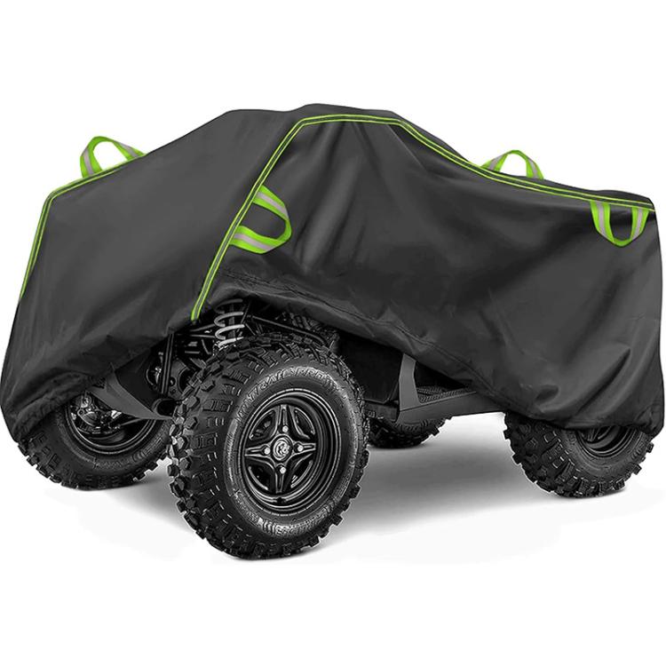 Thick black ATV dust cover with neon green edge piping and partial wheel coverage