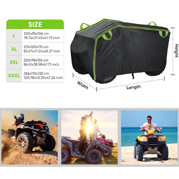 Black ATV cover with neon green trim and top handles; sizing and usage graphics shown