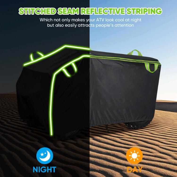 Black ATV cover with neon green stitched seams and reflective piping along the sides