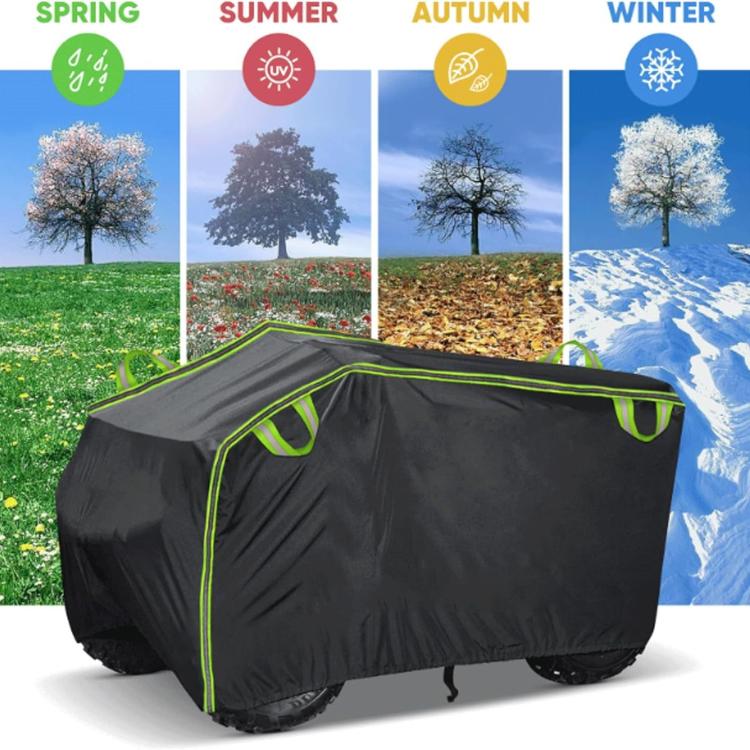 Black ATV dust cover with neon green piping, shown for all-season outdoor protection