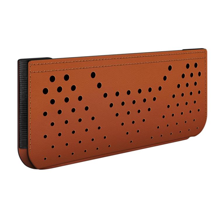 Adhesive car phone storage bag, tan perforated vent holes on front panel