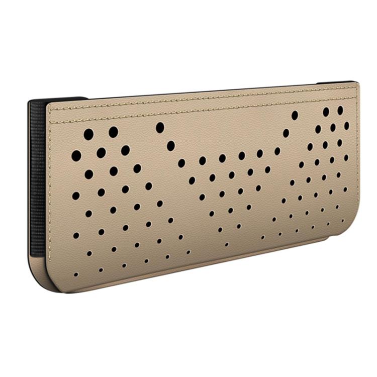 Adhesive car phone storage bag, light beige perforated vent holes on front panel