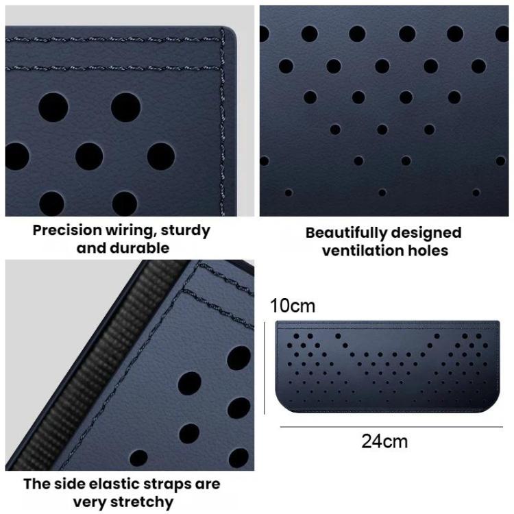 Adhesive car phone storage bag close-up, dark blue with perforated vent holes