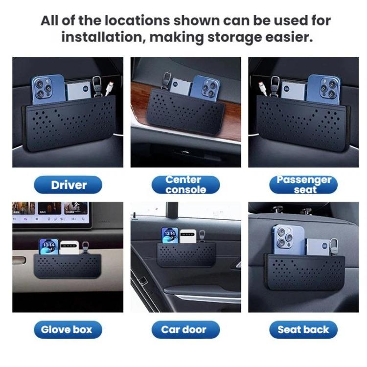Adhesive car phone storage bag, dark blue pouch with vent holes and phone inside