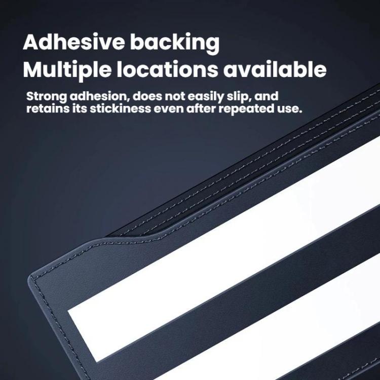 Adhesive car phone storage bag, blue stitched edge with backing strip close-up
