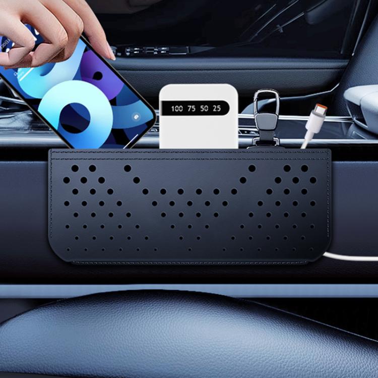 Black perforated adhesive car storage pouch with front pocket