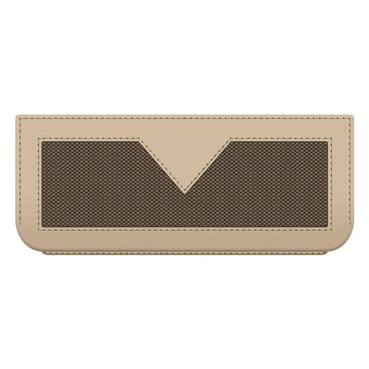 Beige car storage net pocket bag with V-shaped center panel and mesh front.