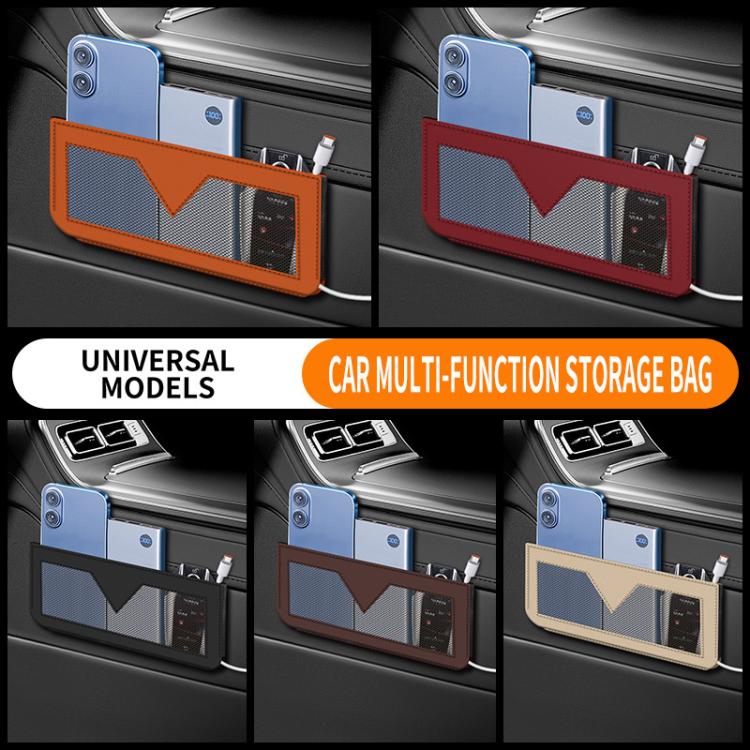 Orange car multi-function storage net bag with mesh pocket on a vehicle console.