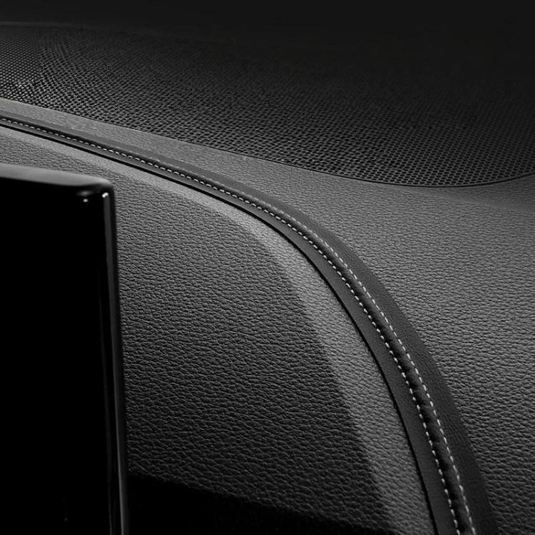 Car interior gap leather trim strip with dark edge stitching