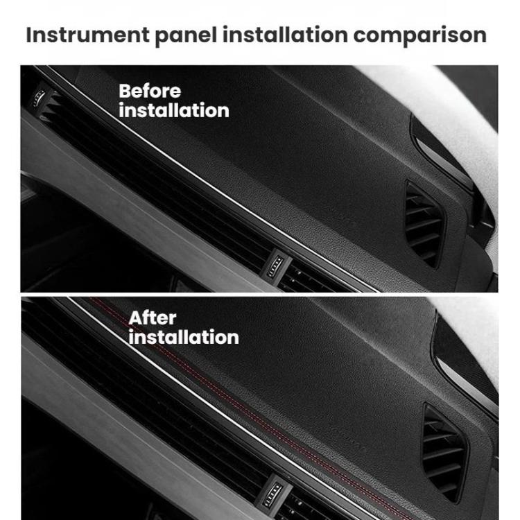 Car door interior trim strip with red stitched edge installed along the panel