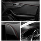 Car interior door panel with black leather-style trim strip and red stitched edge