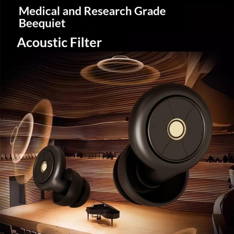 Black noise reduction sleep earplugs with large round filter caps and vent holes
